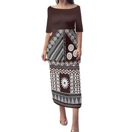 Casual Dresses Samoan Puletasi Polynesian Tribal Clothing Brown White Fijian Tongan Flower Print Custom Dress Sets Women Two Piece Off Shoulder 230309