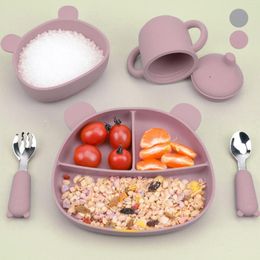 Bowls 5Pcs Baby Feeding Set With Bowl/Plate/Cup/Spoon/Folk -Grade Silicone Toddler Tableware Non-Slip Self-Feeding