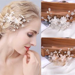 Tiaras Crystal Pearl Flower Wedding Hair Comb Clip Hairpin Headband For Women Bride Party Wedding Bridal Hair Accessories Jewelry Comb R230306