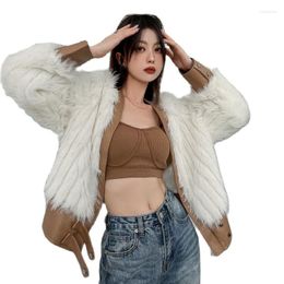 Women's Fur Korean Fashion Girls Faux Coat Patched PU Short Overcoat Long Sleeves