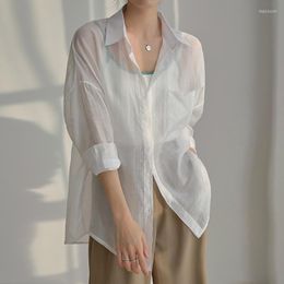 Women's Blouses QOERLIN 2023 Chiffon Thin Summer Sweet Chic Large Size Casual Stylish See Through Long Sleeve Sexy Transparent White