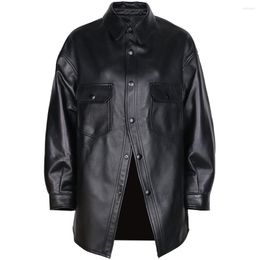 Women's Leather YOLOAgain 2023 Spring Black Long Sleeve Single Breasted Shirt Blouse Women Real Jacket