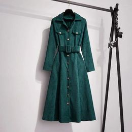 Casual Dresses Maxi For Women Vintage Slim Fit Vestidos De Mujer Lace Up Waist Robe Korean Corduroy Eleg