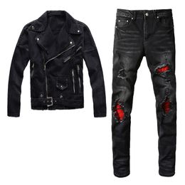 Black Tracksuits 2pcs Pant Sets For Men Punk Slim Slant Zip Denim Jacket and Ripped Patch Stretch Jeans High Street Trendy Men Clothing