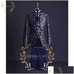 Tuxedos Handsome Blue Gold Floral Rim Stage Men Suit Set Stand Collar Mens Suits Formal Groom Tuxedo Costume Jacket Vest Dro Dhqlg