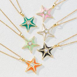 S3500 Fashion Enamel Starfish Pendant Necklace For Women Zircon Inlaid Stars Choker Necklaces