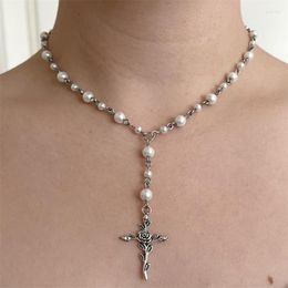 Choker Handmade Petals Thorns White Pearl Rosary Style Beaded Necklace With Rose Cross Charm Grunge Fairy Cottagecore 00s Vintage