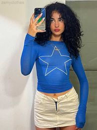 Women's T-Shirt 2023 New Blue Star Print Graphic Long Sleeve Women T-shirt Bodycon Slim Bottoming Crop Top INS Harajuku Casual Y2K E-girl Tees