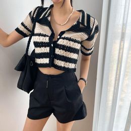 Women's T Shirts QOERLIN Turn-Down Collar Single-Breasted Striped Cardigans Summer Short Sleeve Cropped Tops Blue Hollow Out Fashion Sweater