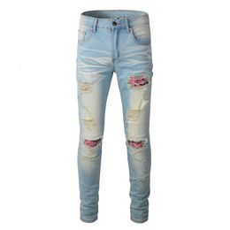 Men's Jeans Mens A589 Distressed Hollow Out Patchwork Rainbow bandana ripped Patches Light Blue Washed Slim Stretch Size 2840 230309