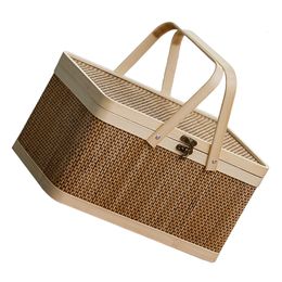 Storage Baskets Bamboo Woven Picnic Baskets Handmade Wicker Basket With Handle Flower Arrangement Basket Camping Handheld Storage Hamper Basket 230310