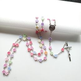 Pendant Necklaces Teen Girls Rosary Necklace Colorful Flower Prayer Beads Chain Rose Medal Crucifix Cross Y-Necklace Confirmation Gifts