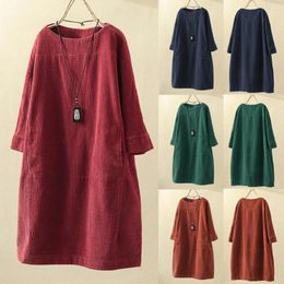 Casual Dresses Solid Colour Dress O Neck Long Sleeve Loose Midi Women 2023 Womens Clothing Plus Size Spring Autumn Corduroy Pockets