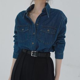 Women's Polos Female Jeans Blouse Dark Blue Shirt Baggy Jacket Fashionable.