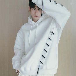 Men's T Shirts Korean Fashion Men Long Sleeve Hooded Drawstring Straps Harajuku Hip Hop Punk Casual Black White 2xl Oversized Pullover