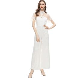 Women's Runway Jumpsuits& Rompers Stand Neckline Embroidery Patchwork Elegant Fashion Designer Long Pants