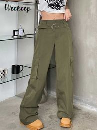 Women's Pants Capris Weekeep Harajuku Baggy Cargo Pants y2k Grunge Green Belt Low Rise Wide Leg Casual Pants Korean Fashion Streetwear Women Trousers L230310