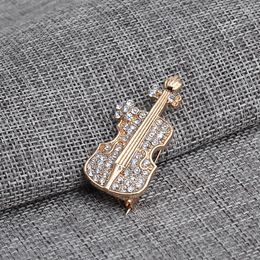 Brooches Cute OL Golden Violin Pins Handmade Musical Stringed Instrument Crystal Metal Badge Christmas Women Lovers Gift