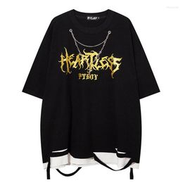 Men's T Shirts High Street Printed Black Casual With Chains Ripped O Neck Top Tees For Male Oversized Short Sleeves