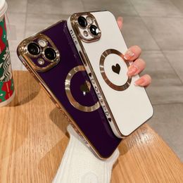 Luxury Plating Magsafe Wireless Charge Cases Magnetic Cute Love Heart Full Camera Lens Film Protection TPU Shockproof Cover For iPhone 15 14 13 12 11 Pro Max X XR XS