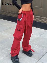 Women's Pants Capris Weekeep Tie Up Low Rise Cargo Pants 100% Cotton Women Streetwear Red Cool Baggy Wide Leg Casual Pants Pocket y2k Trousers Ladies L230310