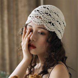 Beanies Beanie/Skull Caps Woman Hand-crocheted Silk Hollow Hooded Retro Literary Casual Turban Hat Fashion Personality Melon Leather