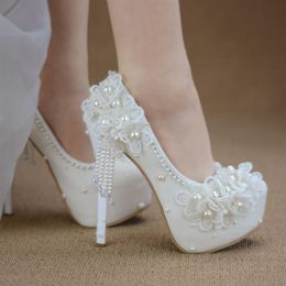 Dress Shoes Bridesmaid Wedding Lace White Sweet Flower Tassel Female Womens 6cm 8cm 11cm 14cm High Heel Big Size 43