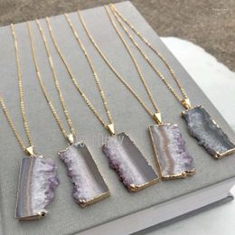 Chains NM14731 Freeform Slice Chunk Raw Amethyst Necklace Gold Real Vertical Slab Boho Agate Plated