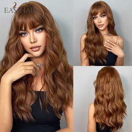 Synthetic Wigs Easihair Long Honey Brown Wavy Synthetic Wigs for Women Cute Natural Hair Wig with Bangs Cosplay Heat Resistant 230227