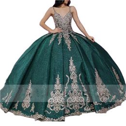 Quinceanera Dresses Glitter Mexican Gold Appliques Green Sweet 15 Prom Gown With Cape Bead Ruched Ball Vestidos De Xv Anos Drop Deli Dhypg