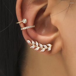 Backs Earrings Vintage Gold Color Leaves Ear Cuff Statement Non-Piercing Clip For Women Men Rhinestone Hoop Jewelry