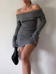 Casual Dresses HEZIOWYUN Womens Spring Autumn Sexy Short Knitted Gray Solid Color Long Sleeve Off Shoulder Skinny Mini Dress