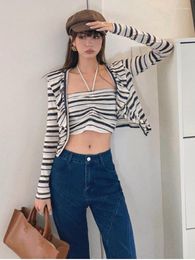 Women's T Shirts QOERLIN Two-Piece Sets Ruffles Cardigans Tops Long Sleeve Halter Camisoles Vest Striped Suits Korean Fashion Spring Summer