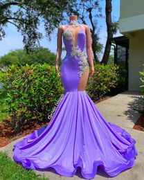Sexy Lilac Mermaid Prom Dresses For Black Girls Halter Crystal Rhinestone Beads Sheer Neck Formal Birthday Evening Party Gowns Backless 403