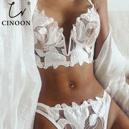 Bras Sets Other Panties CINOON Sexy French Lace Embroidery Brassiere Lingerie Set Women's Underwear Set Push Up thin Bralette Deep V Bra and Panty Set 230310