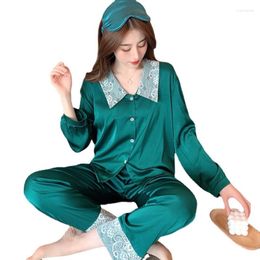 Women's Sleepwear Sexy Ice Silk Pajamas Set Ladies Lace Collar Home Clothes Two-piece Women