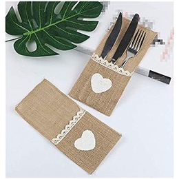 Flatware Organisers Burlap Lace Utensil Cutlery Holders Cutlery Pouch Knifes Forks Bag for Vintage Natural Wedding Bridal Shower Tableware Christmas Party