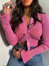 Women's TShirt Artsu Cute Pink Kinited Cropped Top Women Y2k Ruched Crop Long Sleeve Camisole Winter Party Club Vintage 230310