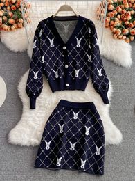 Two Piece Dress Small Fragrance Vintage Knit Set Women Sweater Cardigan Coat Crop Top Mini Skirts Sets Fashion Casual 2 Suits 230310