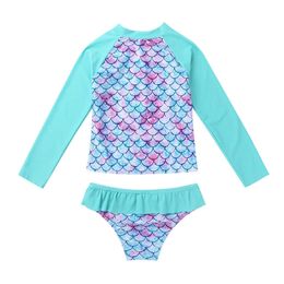 One-Pieces TiaoBug 3 To 8 Years Summer Kids Girls Swimwear Long Sleeves Fish Scales Printed Rashguard Tops With Bottoms Swimsuit Bikini