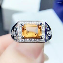 Cluster Rings Men Ring Natural Real Yellow Citrine Rectangle 925 Sterling Silver 8 10mm 2.8ct Gemstone Fine Jewelry For Women X22161