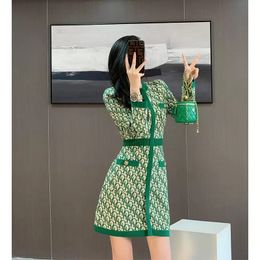 2023 New spring fashion women's Dresses o-neck long sleeve green color print pattern high waist a-line knitted dress SMLXL 36uj#