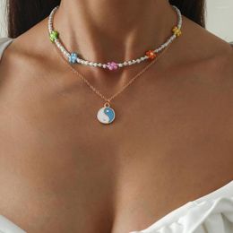 Choker Multilayer Beads Chain Necklaces For Women Drip Glaze Yin Yang Pendant Necklace Daisy Flower Charms Acrylic Chains