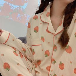 Women's Sleepwear Long Sleeve Pyjama Set Turndown Collar Cardigan Strawberry Print Cartoon Women Gauze Cotton Kawaii Trendy Women Pyjamas Elegant 230310