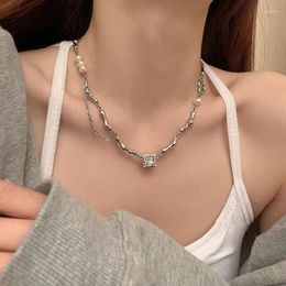 Chains JWER Kpop Baroque Pearl Zircon Necklace For Women Pendant Black White Stone Choker Stainless Steel Jewelry