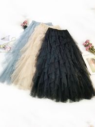 Skirts Fashion Tutu Tulle Skirt Women Long Maxi Skirt Spring Summer Korean Black Pink High Waist Pleated Skirt Female 230310