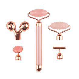 Face Massager 5in1 24K Gold Beauty Bar Electric Vibrating Rose Quartz 3D Roller Lifting Body Gua Sha Jade 230309