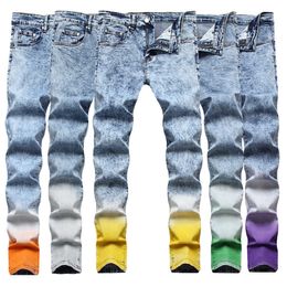 Men's Jeans Mens High Quality Snow Wash Denim Pants Candy Color Street Fashion Casual Slim-fit Gradient Ramp Stretch ; Y2303