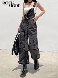 Women's Pants Capris Rockmore Gothic Black Overalls Womens Cargo Pants Sling Bow Belt Dungarees Wide Leg Pants Casual Trousers Oversized 230310