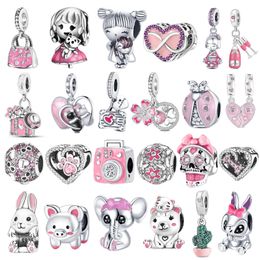 2023 New PINK Charms 925 sterling silver Cute Girl Wine Fashion Bag Love Heart Charms Fit Bracelet DIY Jewellery Making